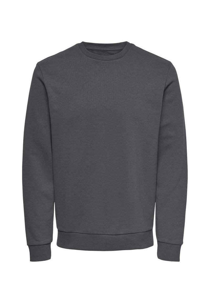 Gray sweatshirt made of soft fabric with a crew neckline, long sleeves, and ribbed cuffs and hem for a snug fit. No patterns or logos.