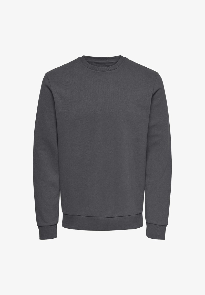 Gray sweatshirt made of soft fabric with a crew neckline, long sleeves, and ribbed cuffs and hem for a snug fit. No patterns or logos.