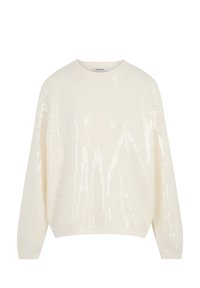 Pull blanc à col rond, manches longues et finition texturée avec des sequins verticaux pour plus de détails. Matière douce et légère.