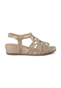Sandali con zeppa beige con accenti di strass e design aperto. Presentano una fibbia regolabile e una soletta testurizzata per un comfort aggiuntivo.