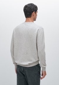 Gray sweatshirt with long sleeves and ribbed hem, made from soft fabric, displayed from the back, paired with dark gray jeans.