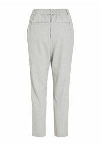 Pantalons gris clair en tissu texturé, avec une taille élastique et deux poches arrière. Conception à jambes fuselées avec une longueur raccourcie.