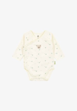 Cremefarbenes Baby-Body mit langen Ärmeln, grünem Blumenmuster und einem kleinen gestickten Teddybärgesicht auf der Brust, mit seitlichen Druckknöpfen.