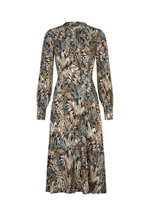 Langärmliges Kleid mit einem mehrfarbigen Blumen- und Blattmuster auf schwarzem Hintergrund, tailliertem Schnitt und ausgestelltem Rock.