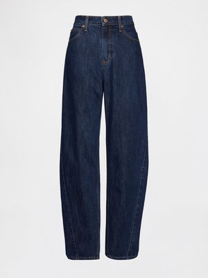Breda midjejeans i mörkblå denim med vida ben, med orange sömmar och en knappknäppning fram. Slät textur utan mönster.