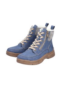 Niebieskie skórzane botki za kostkę z beżowymi sznurowadłami, teksturowanymi akcentami i bocznym suwakiem. Miękka podszewka wewnętrzna i masywna gumowa podeszwa.