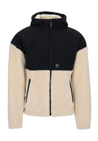 Fleece-gelined Jacke mit schwarzem Nylon-Obermaterial und cremefarbener Fleece-Unterseite. Verfügt über eine Kapuze, einen frontalen Reißverschluss und zwei seitliche Taschen.