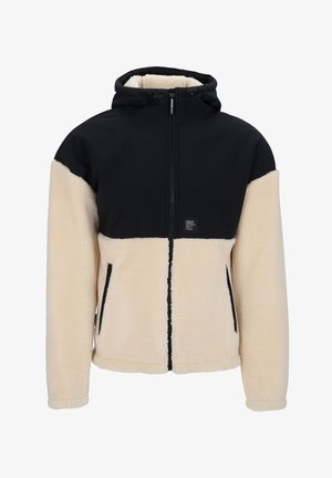 Fleece-lined jacket with a black nylon upper and cream fleece lower. Features a hood, front zipper, and two side pockets.