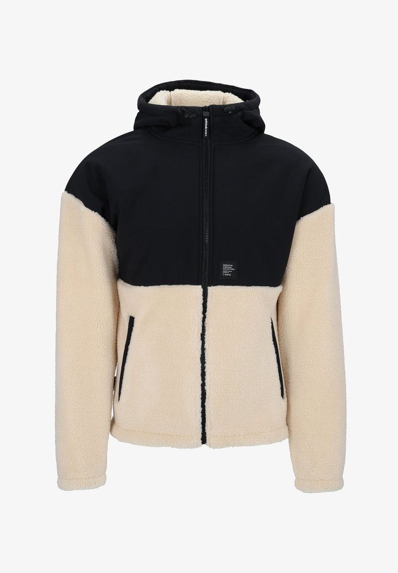 Fleece-lined jacket with a black nylon upper and cream fleece lower. Features a hood, front zipper, and two side pockets.