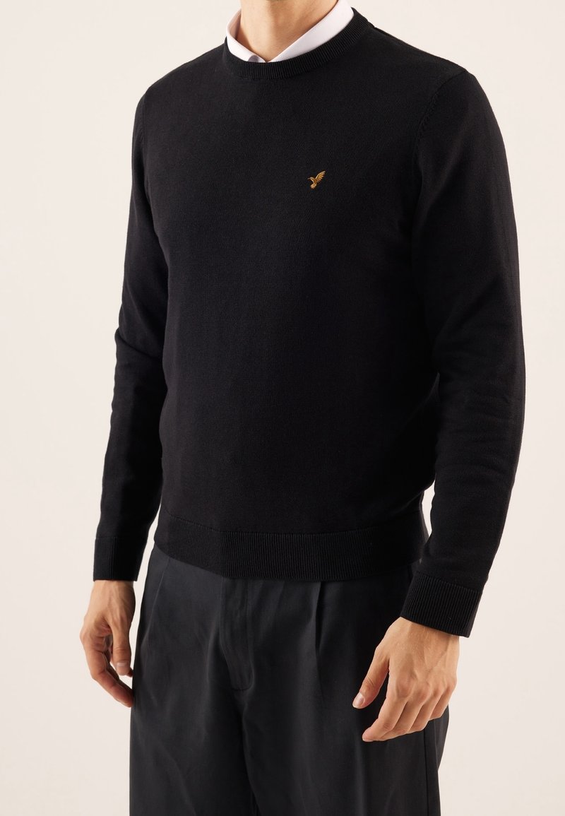 Homme portant un pull noir à col rond avec un petit logo d'oiseau doré sur la poitrine, par-dessus une chemise blanche à col, et un pantalon noir, debout devant un fond neutre.