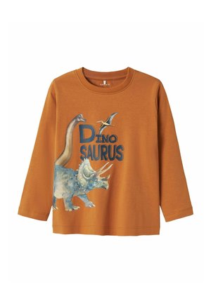 Maglietta arancione a maniche lunghe con grafica di un dinosauro. Il design include un brontosauro e un triceratopo con la scritta "Dino Saurus".
