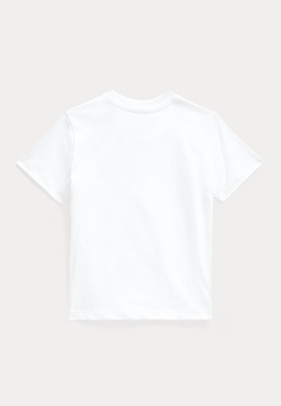 Simpel hvid t-shirt med korte ærmer og rund hals vist bagfra på en lys neutral baggrund.
