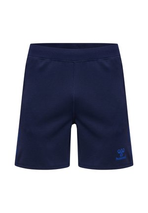 Marineblå sportsshorts med elastisk linning, markerede sømme og lille blåt Hummel-logo på venstre underben.