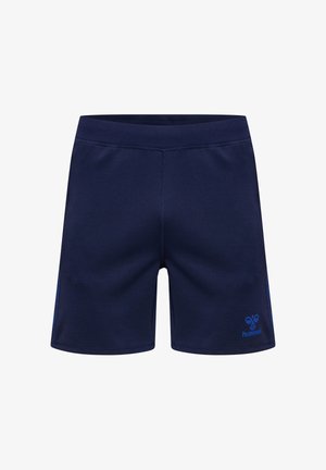 Marineblå sportsshorts med elastisk linning, markerede sømme og lille blåt Hummel-logo på venstre underben.