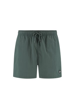 Žalios maudymosi šortai su elastinga juosta ir raišteliu. Pagaminti iš lengvos medžiagos, turi kairėje pusėje esančią logotipo žymę.