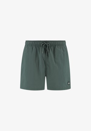 Zöld úszónadrág rugalmas derékkal és húzózsinórral. Könnyű anyagból készült, bal oldalon logóval ellátva.