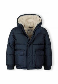 Veste matelassée bleu marine avec capuche, dotée d'une douce doublure en fausse fourrure crème, de deux poches avant et d'une fermeture à boutons.