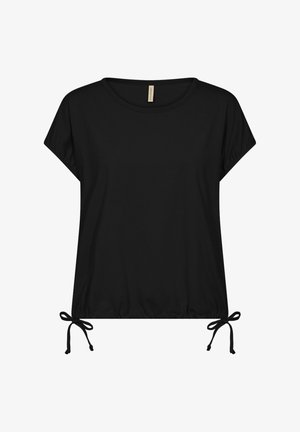 Sort kortærmet top lavet af blødt stof, med rund halsudskæring og justerbare snore i kanten for en samlet effekt.