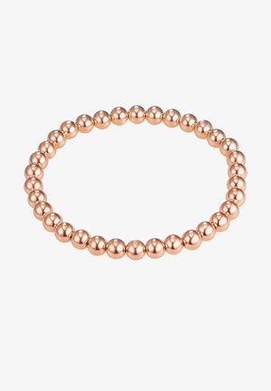 Elastična narukvica u ružičastom zlatu s ravnomjerno raspoređenim, poliranim sfernim perlama. Glatka tekstura s ujednačenim oblikom i dosljednim sjajem.