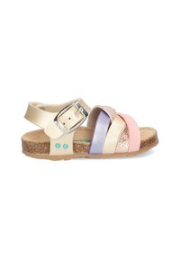 Sandalen met bandsluiting, gemaakt van een beige leren bovenwerk met gestructureerde accenten in roze, paars en een gestreepte band. Verstelbare gesp sluiting. Kurken zool.