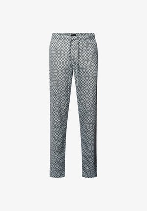 Pantalons décontractés à motifs avec un design en diamants bleu, blanc et noir, taille élastique et fermeture à cordon. Tissu doux.