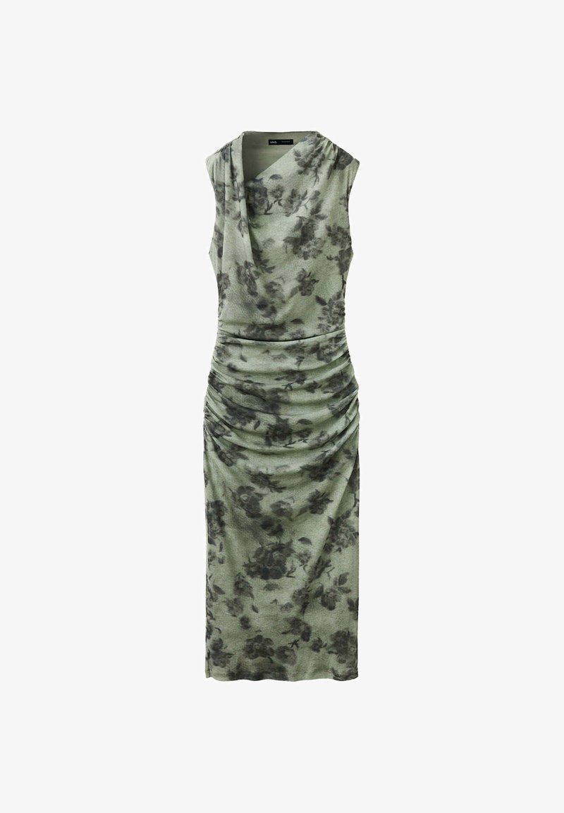 Robe midi verte sans manches avec motif floral noir, col bénitier et détail froncé à la taille.