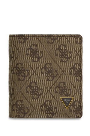 Portafoglio Guess marrone con motivo logo ripetuto e piccolo logo metallico triangolare nell'angolo in basso a destra.