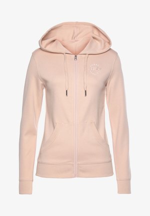 Helle rosa Kapuzenjacke mit Reißverschluss aus weichem Material. Verfügt über eine verstellbare Kapuze, Fronttaschen und ein kleines Logo auf der Brust.