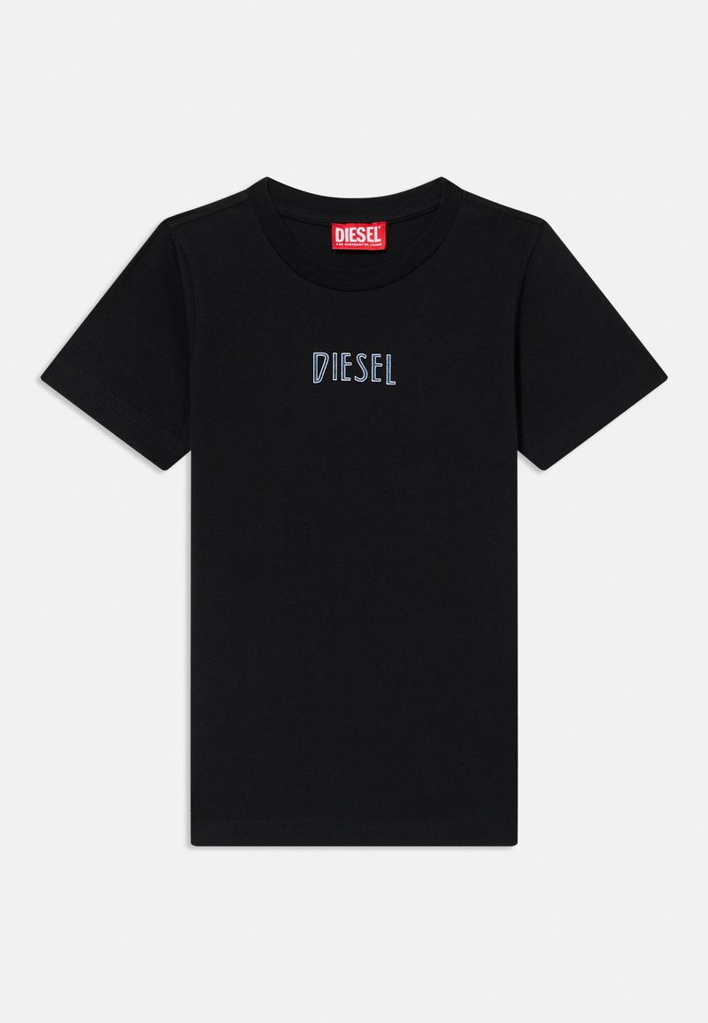 Schwarzes Baumwoll-T-Shirt mit kurzen Ärmeln und rundem Ausschnitt. "DIESEL"-Logo in blauer Stickerei auf der Brust. Glatte Textur.