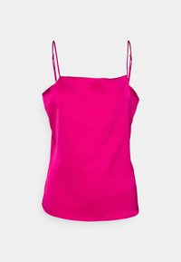 Fuchsia satin cami top with thin adjustable straps, straight neckline, and a smooth finish. Hem is slightly curved at the bottom.