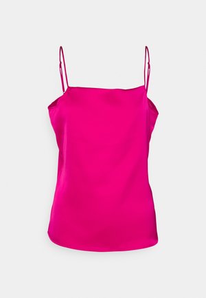 Fuchsia satin cami top with thin adjustable straps, straight neckline, and a smooth finish. Hem is slightly curved at the bottom.