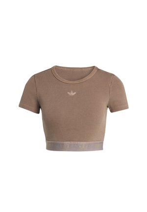Brown ribbed crop top with short sleeves, round neckline, and a textured band at the bottom featuring a subtle logo pattern.