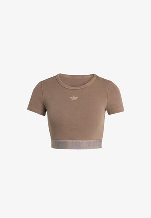 Top corto marrone a coste con maniche corte, scollo rotondo e una fascia strutturata in fondo con un motivo logo sottile.