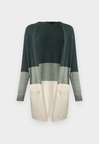 Avonvetoinen neuletakki tummanvihreänä, vaaleanvihreänä ja kermaisena; neulottu pinta, pitkät hihat ja etutaskut. Pyöristetty helma, rento mitoitus.