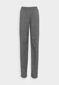 Pantaloni grigi a quadri realizzati in tessuto intrecciato con una cintura elastica, caratterizzati da un design a gamba dritta e da una texture sottile.
