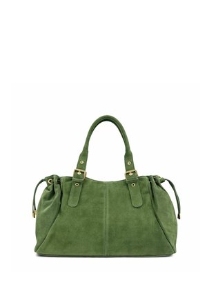 Sac à main en daim vert avec deux poignées, boucles dorées et détails à cordon de serrage sur chaque côté.