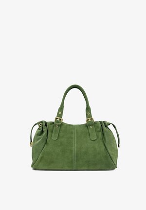 Sac à main en daim vert avec deux poignées, boucles dorées et détails à cordon de serrage sur chaque côté.