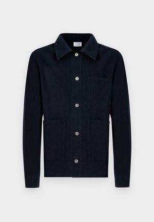 Dark navy blue jacket with button closure, pointed collar, and three front patch pockets on white background.