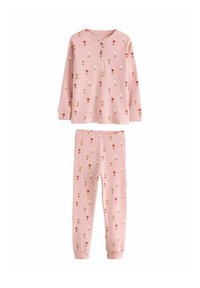 Lyserød pyjamas sæt lavet af blødt stof; blusen med lange ærmer har en knappet halslinning og blomstermønster; matchende bukser har manchetkanter.