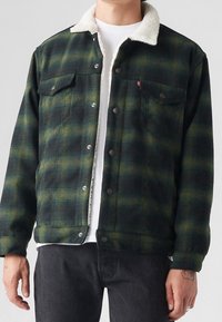 Giacca a quadri in verde scuro e nero con colletto in ecopelliccia bianca. Presenta due tasche frontali e bottoni a scatto metallici.