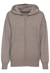 Hellbrauner Zip-Hoodie mit Kapuze, entspannter Schnitt, gerippte Bündchen und Saum sowie seitlichen Taschen. Weicher, gestrickter Stoff.