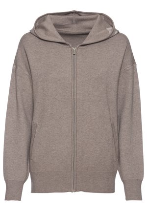 Hellbrauner Zip-Hoodie mit Kapuze, entspannter Schnitt, gerippte Bündchen und Saum sowie seitlichen Taschen. Weicher, gestrickter Stoff.