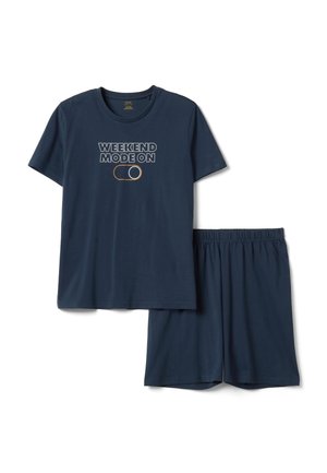 Ensemble composé d'un T-shirt bleu marine à manches courtes avec le texte "WEEKEND MODE ON" et d'un short assorti à taille élastique.