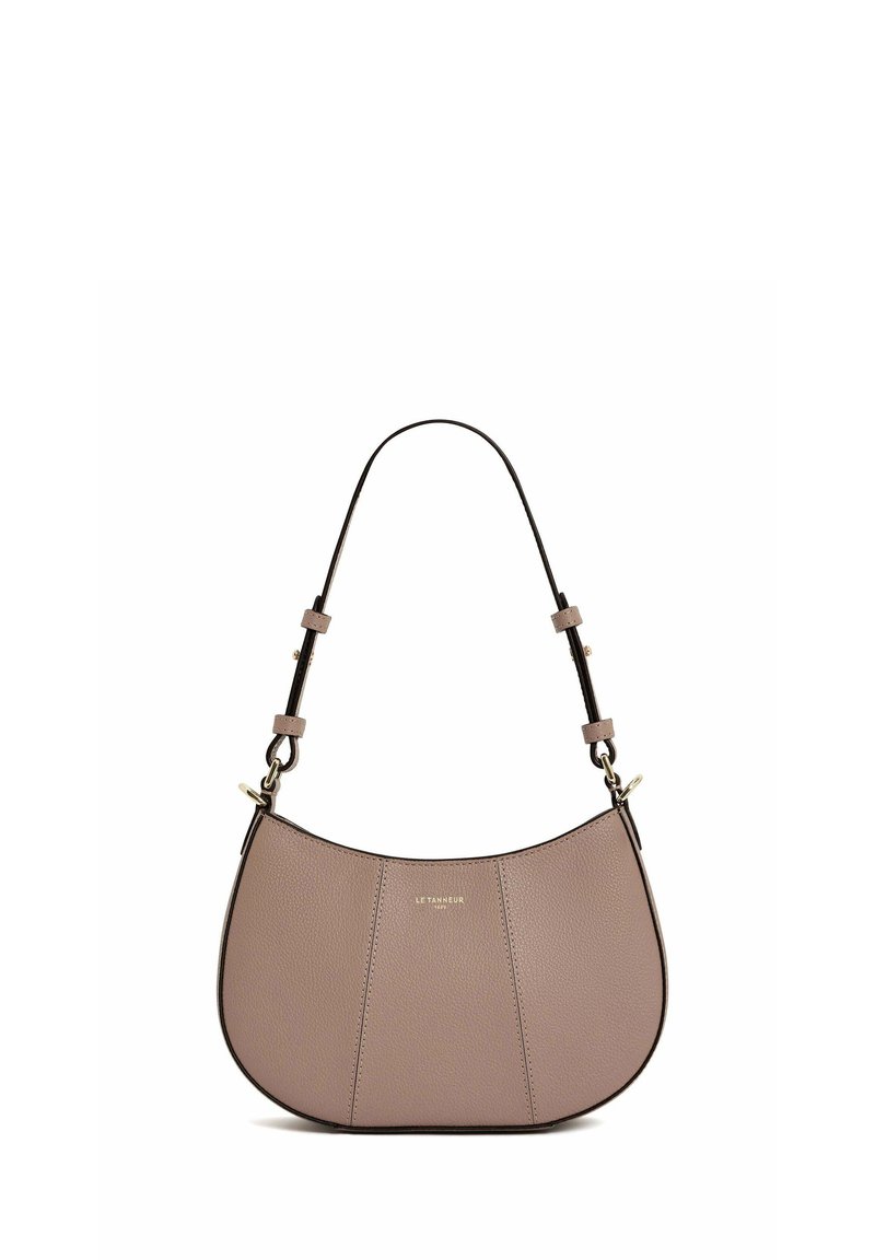 Borsa hobo in morbida pelle viola chiaro con silhouette curva, texture liscia, tracolla regolabile e dettagli in metallo color oro.