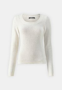 Gai beige džemperis ar garām piedurknēm, plašu apaļu kakla izgriezumu, ribotas aproces un apakšmali; mīksta tekstūra ar nedaudz pūkainu apdari.