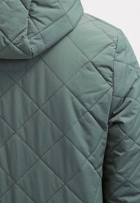 Giacca trapuntata in verde tenue con cappuccio, caratterizzata da un motivo a diamante e una texture liscia e morbida. Senza hardware o accenti visibili.
