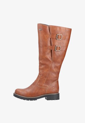 Brown leather knee-high boot with two decorative straps and buckles, textured surface, rubber sole, and contrasting stitching detail.