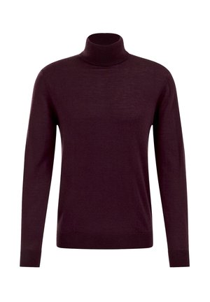 Burgundska turtleneck pulover, izdelan iz mehkega blaga, s dolgimi rokavi, rebrastimi manžetami in robom, gladko teksturo ter prileganjem.