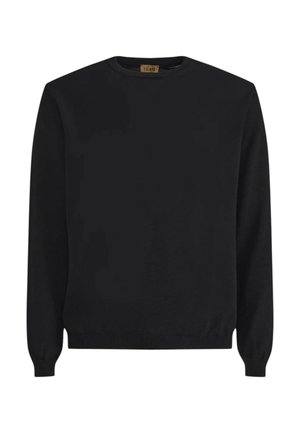 Maglione nero a maniche lunghe con scollo rotondo, polsini e orlo a coste, mostrato su sfondo bianco.