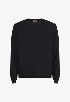 Maglione nero a maniche lunghe con scollo rotondo, polsini e orlo a coste, mostrato su sfondo bianco.